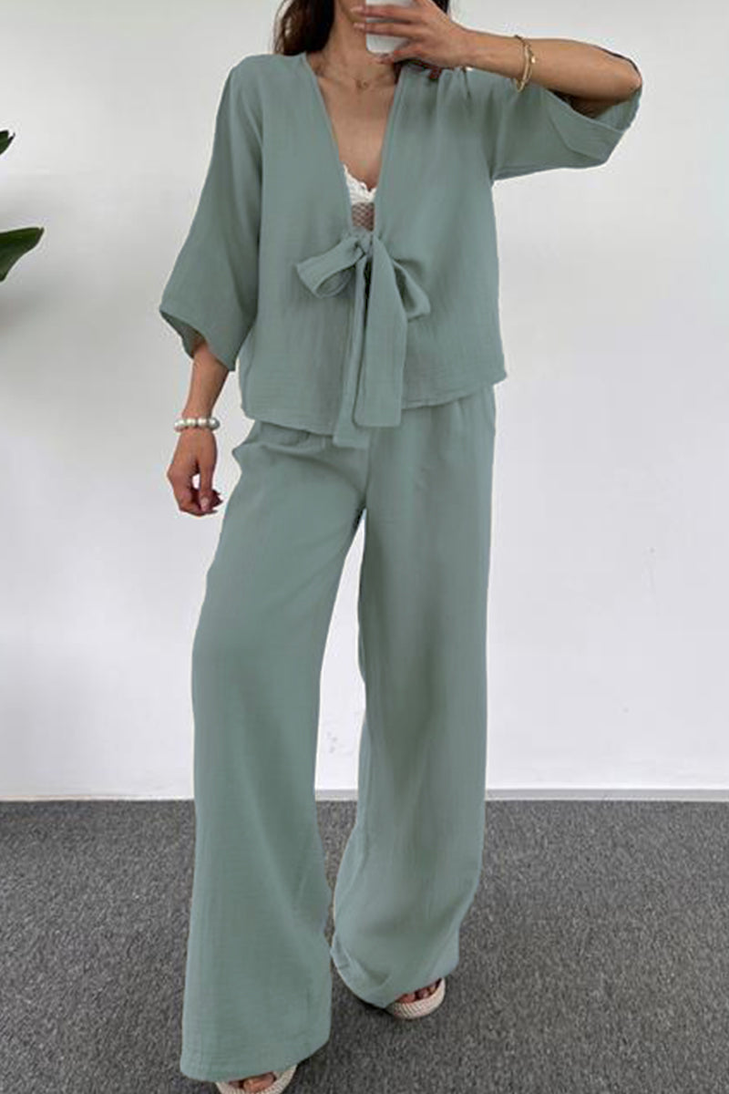 Yessica | Casual simplicity, solid pocket, V-neck, three-quarter length two-piece suit