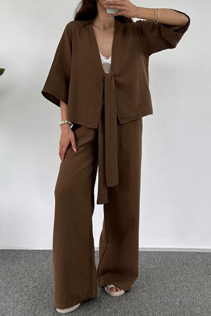Yessica | Casual simplicity, solid pocket, V-neck, three-quarter length two-piece suit