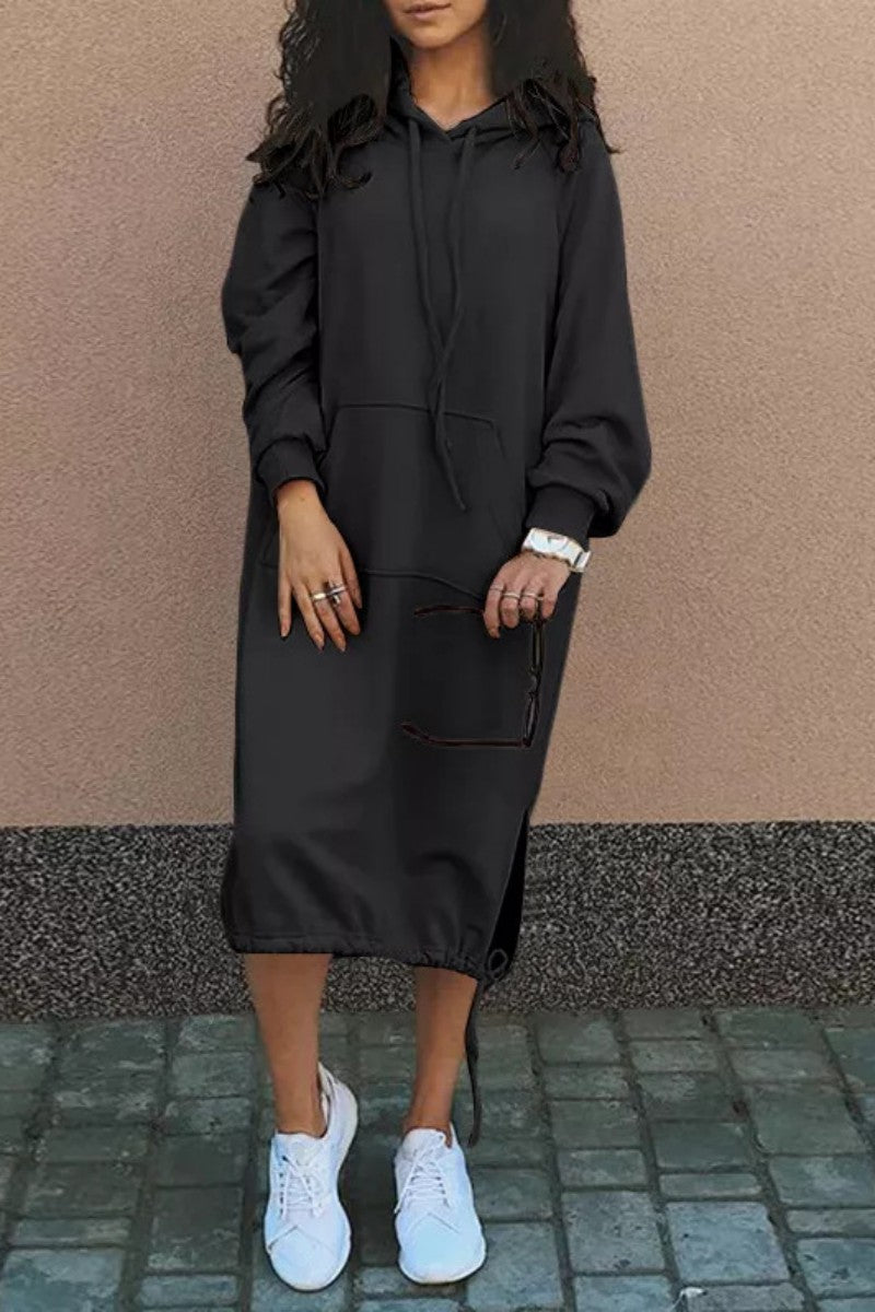 Genoveva | Casual solid patchwork dresses with hood and long sleeves