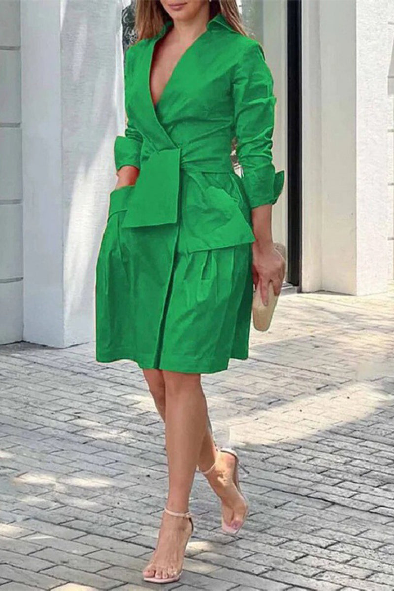Clara | Casual Street Solid Pocket Frenulum V-neck Suit Dress Dresses