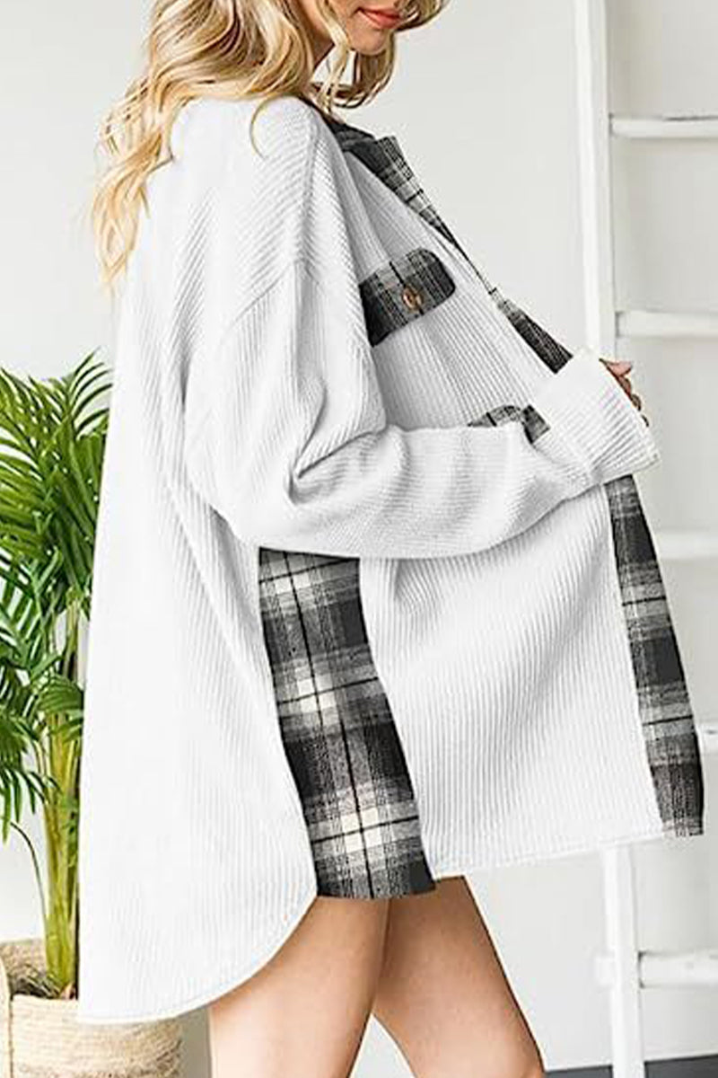 Elena | Casual color block tops with contrast turn-down collar and pockets