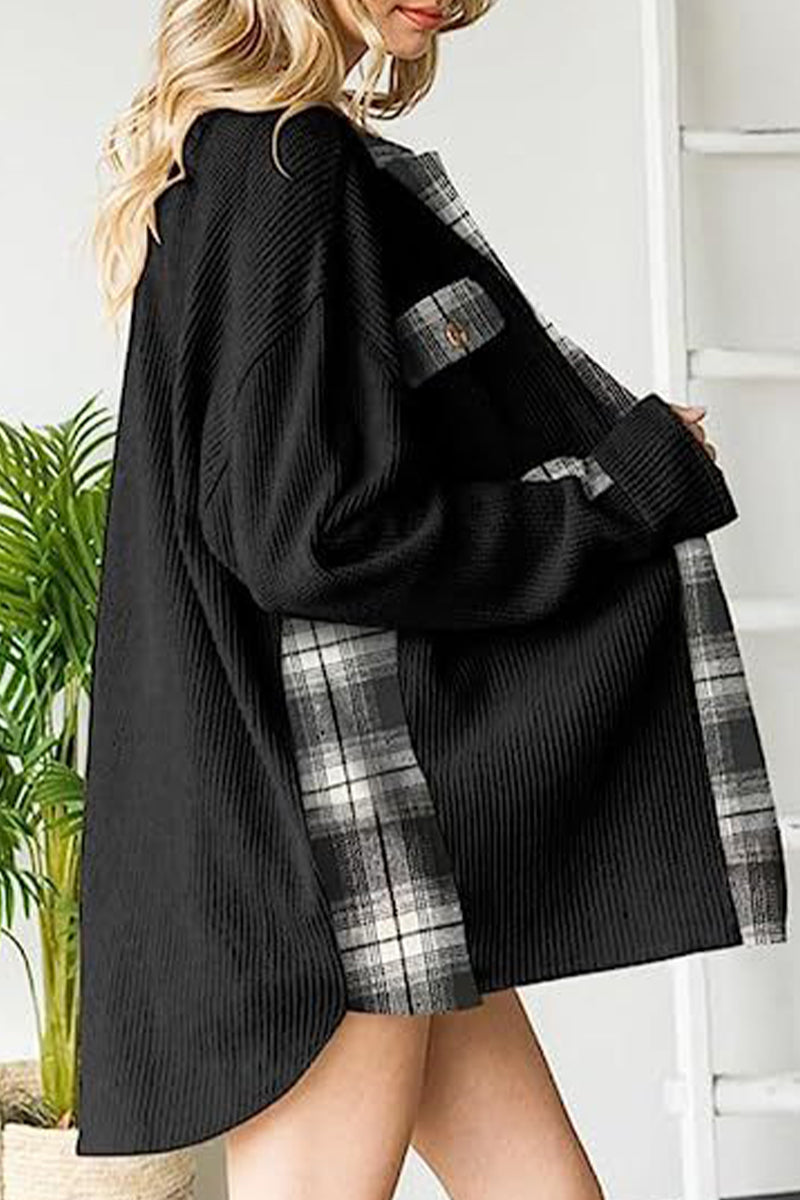 Elena | Casual color block tops with contrast turn-down collar and pockets