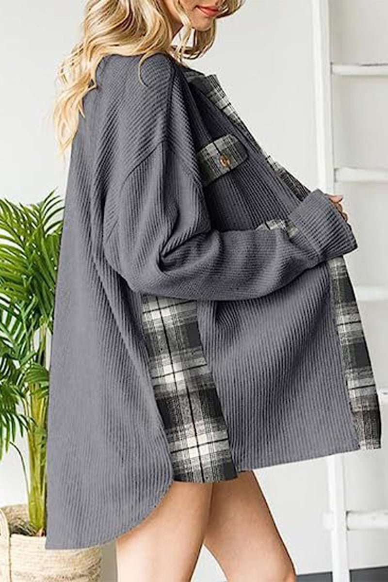 Elena | Casual color block tops with contrast turn-down collar and pockets