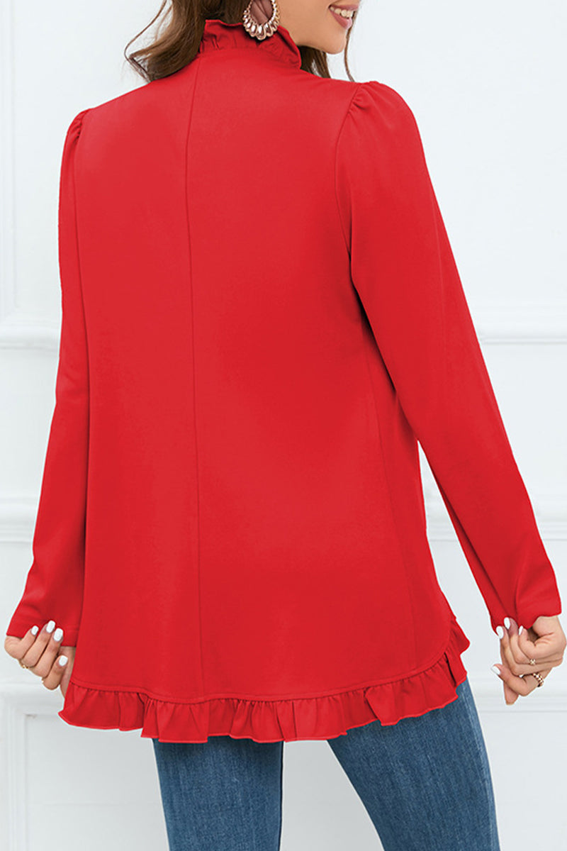 Delia | Elegant outerwear with flounce and lotus leaf collar and fixed buckle