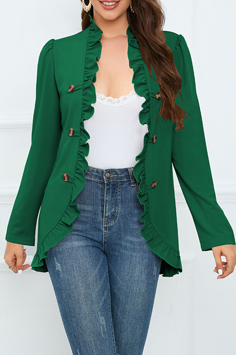 Delia | Elegant outerwear with flounce and lotus leaf collar and fixed buckle