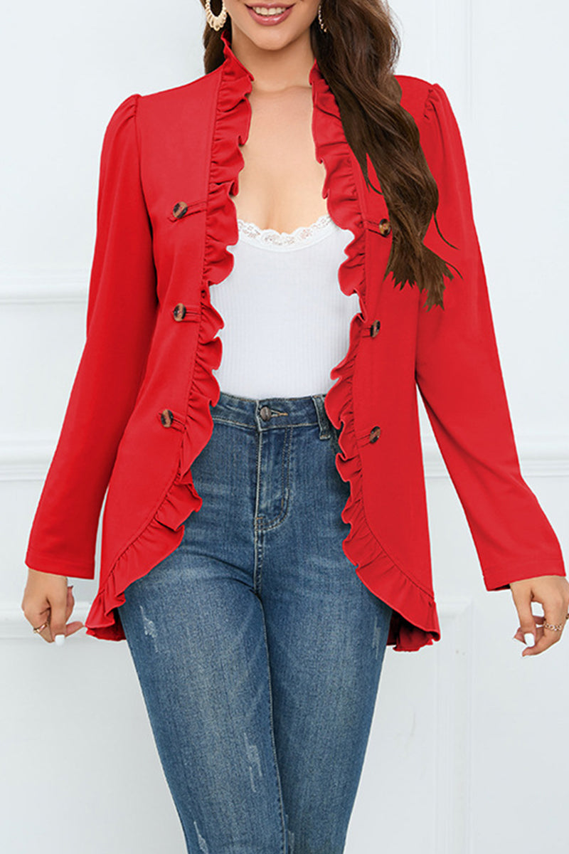 Delia | Elegant outerwear with flounce and lotus leaf collar and fixed buckle