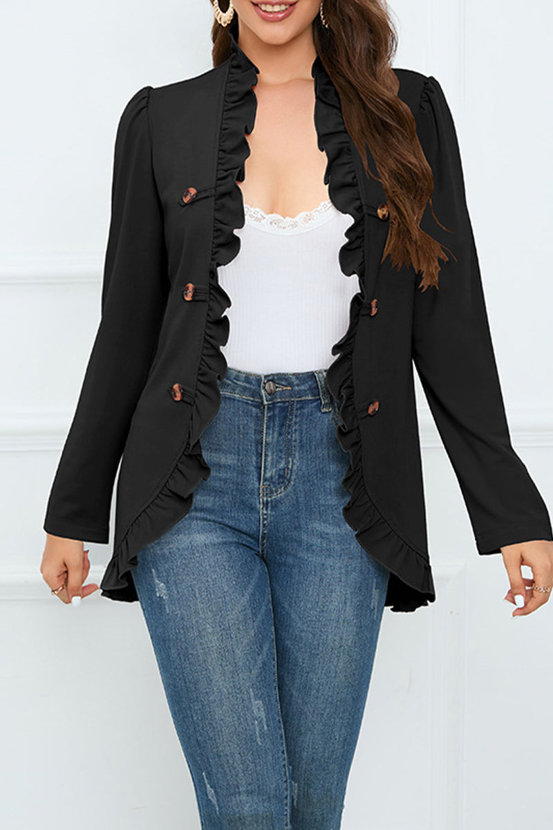 Delia | Elegant outerwear with flounce and lotus leaf collar and fixed buckle
