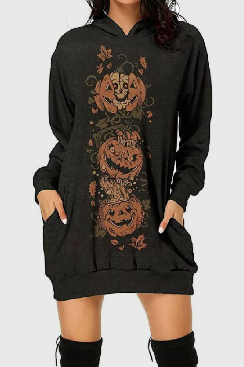 Dolores | Casual printed basic dresses with a hood and long sleeves