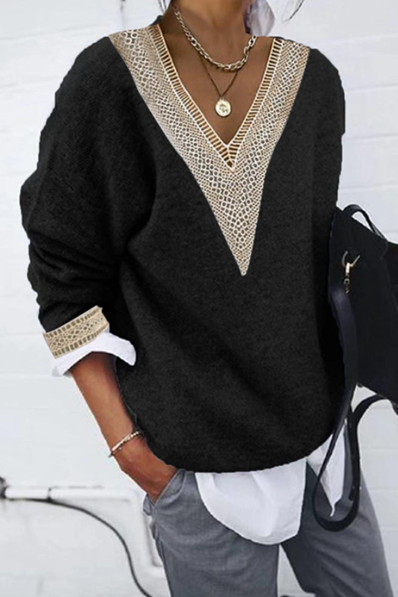 Diana | Casual solid patchwork V-neck tops