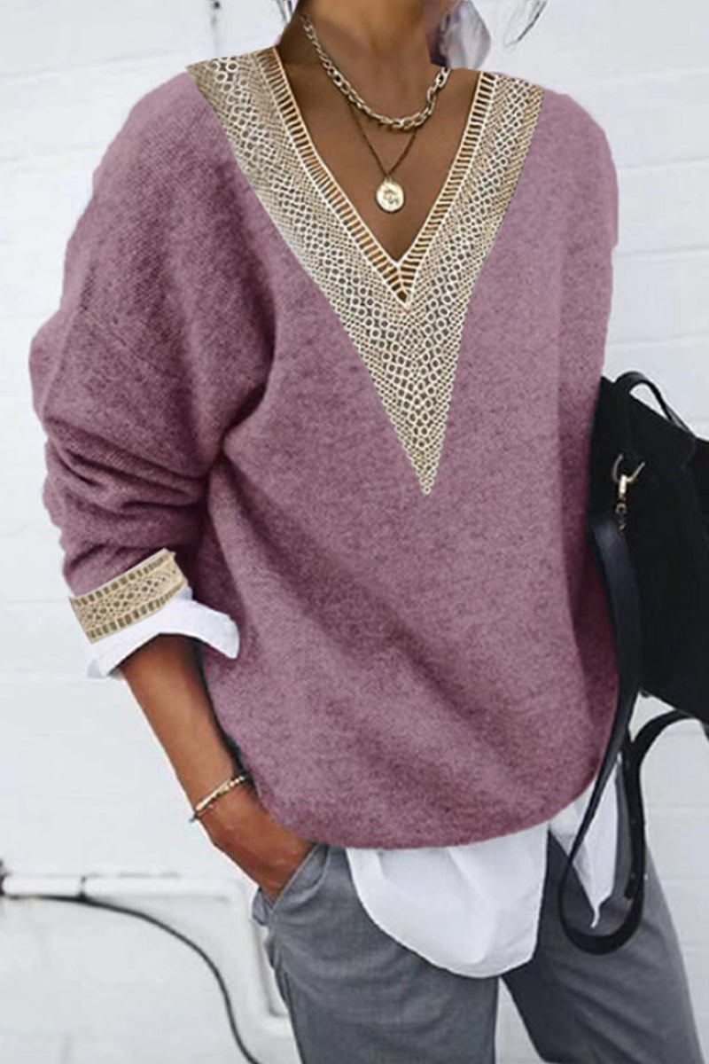 Diana | Casual solid patchwork V-neck tops