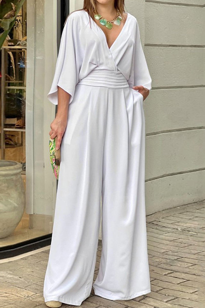 Cielo | Elegant solid color loose V-neck jumpsuits