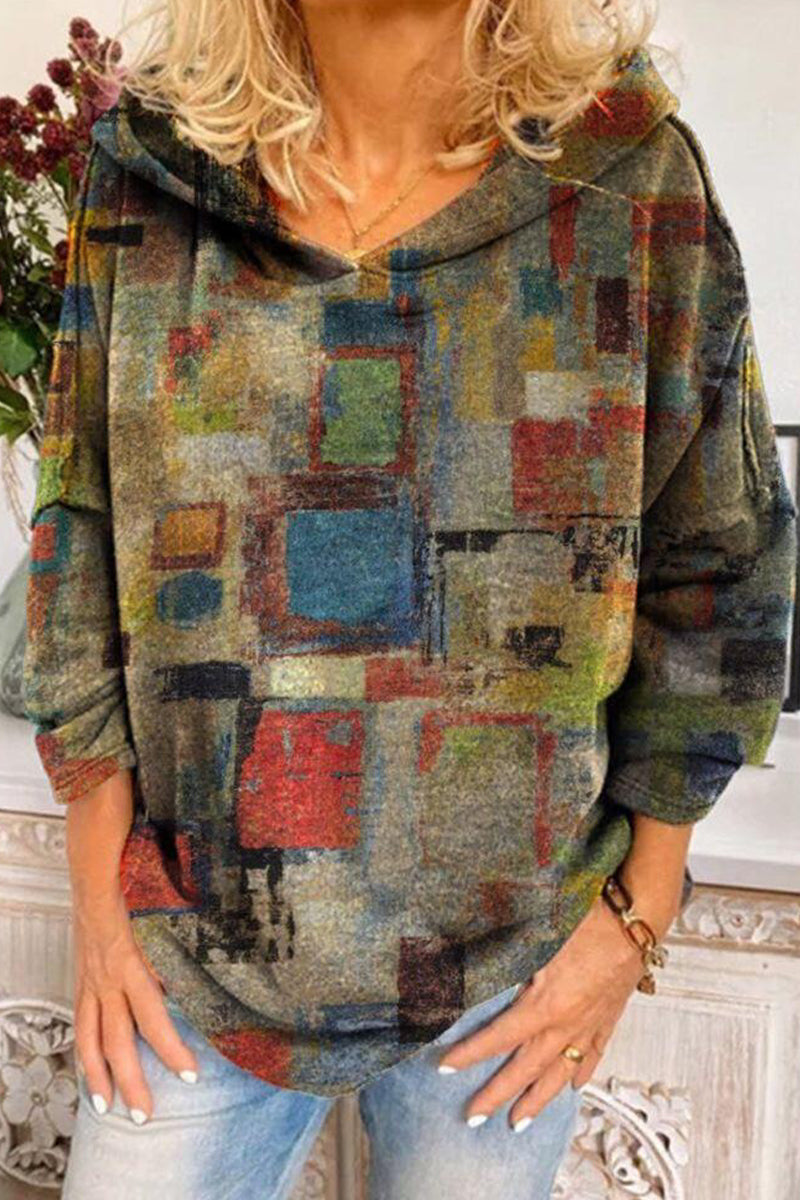 Graciela | Casual patchwork tops with hooded collar and college print