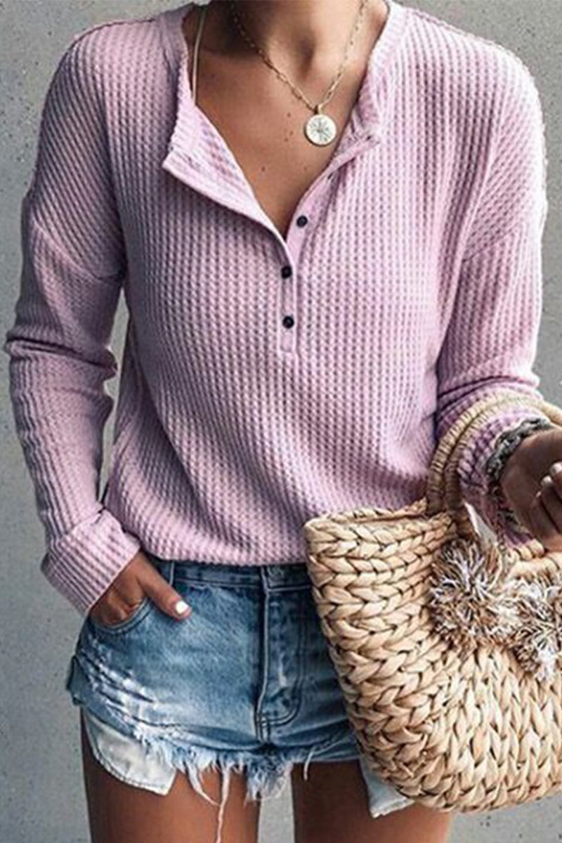 Pink | Casual tops with plain buttons and O-neck