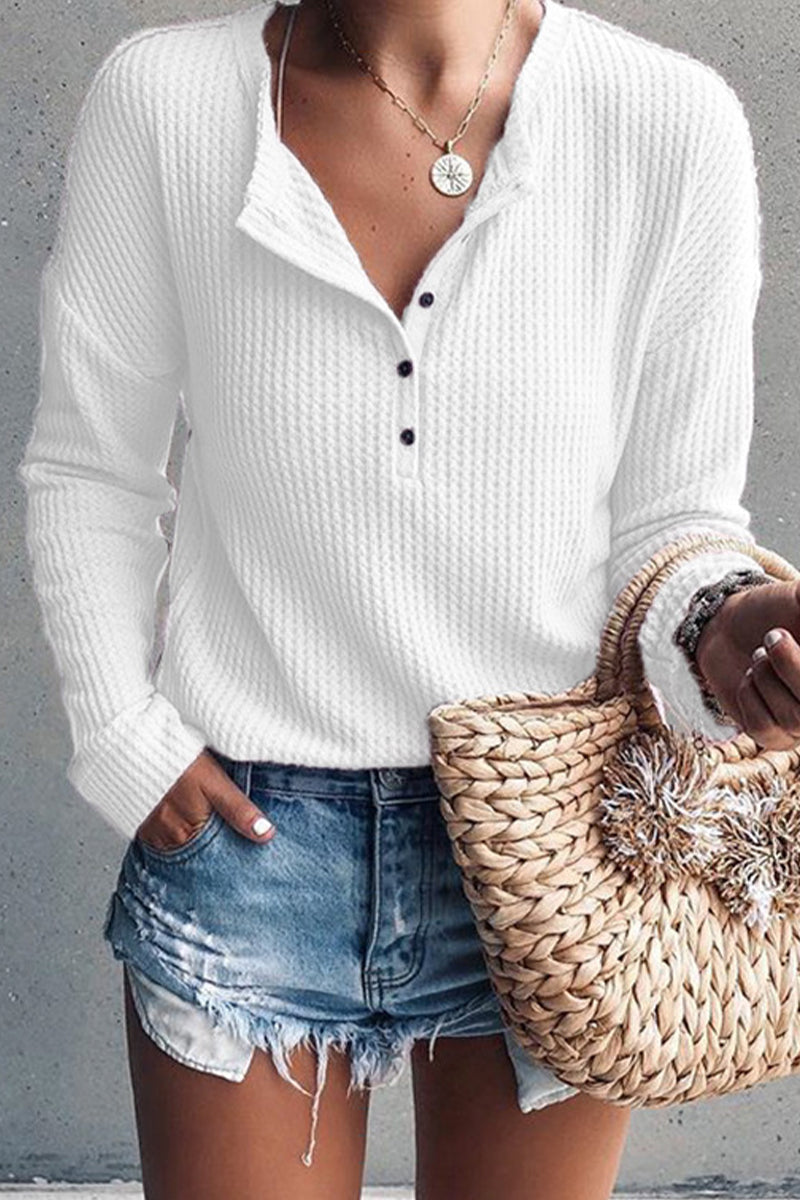 Pink | Casual tops with plain buttons and O-neck