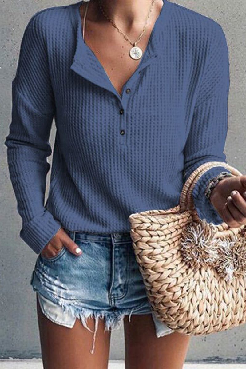 Pink | Casual tops with plain buttons and O-neck