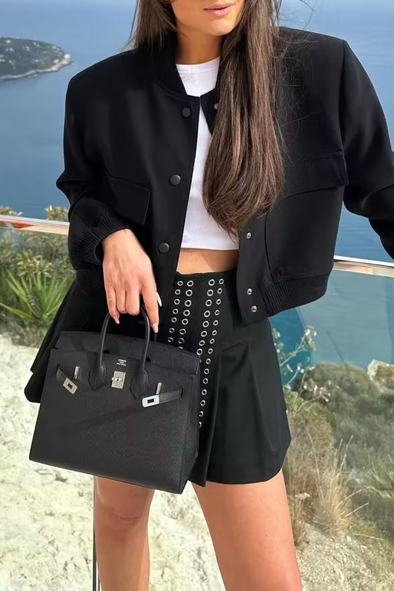 Ingrid | Casual outerwear with plain pocket buttons and stand-up collar