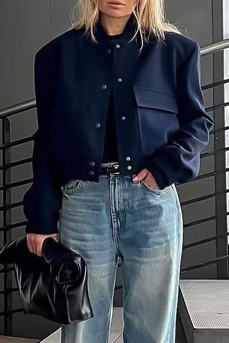 Ingrid | Casual outerwear with plain pocket buttons and stand-up collar