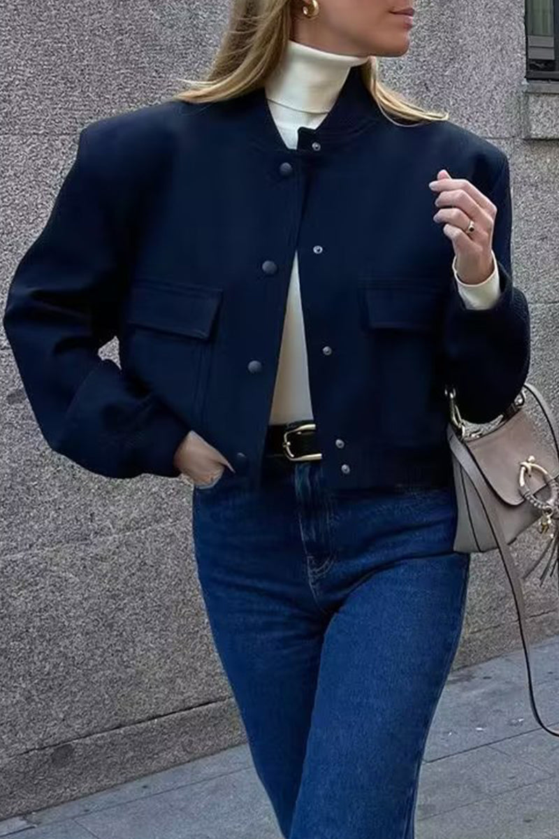 Ingrid | Casual outerwear with plain pocket buttons and stand-up collar