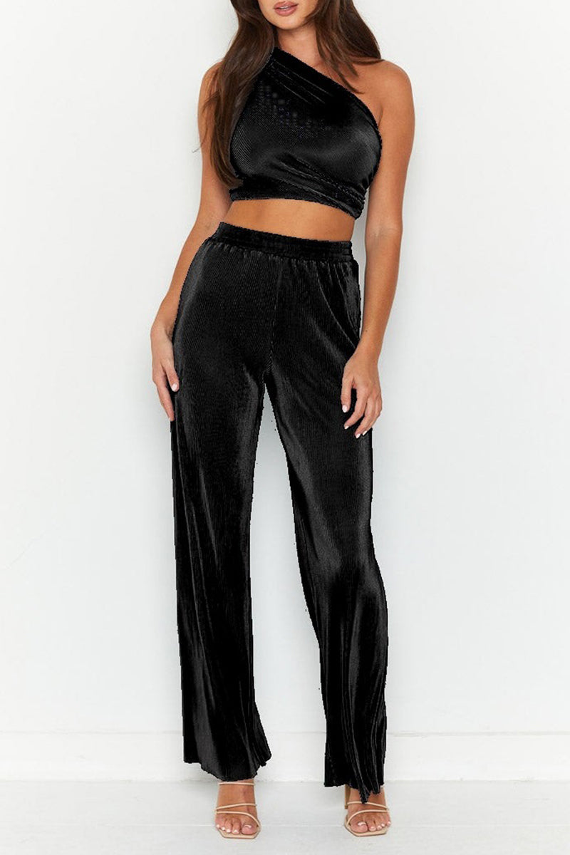 Elena® | Elegant One-Shoulder Crop Top And Wide-Legged Pants Set
