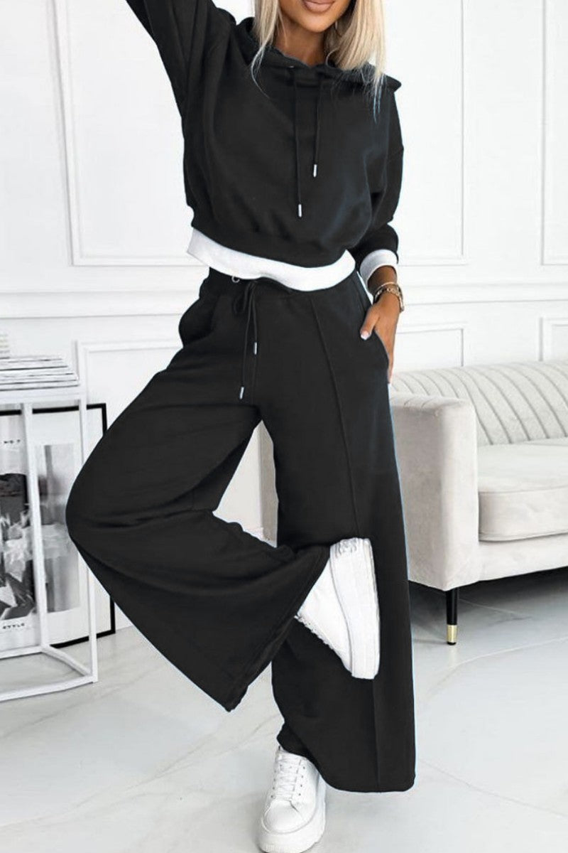 Gloria | Casual solid patchwork hooded collar long sleeve two piece