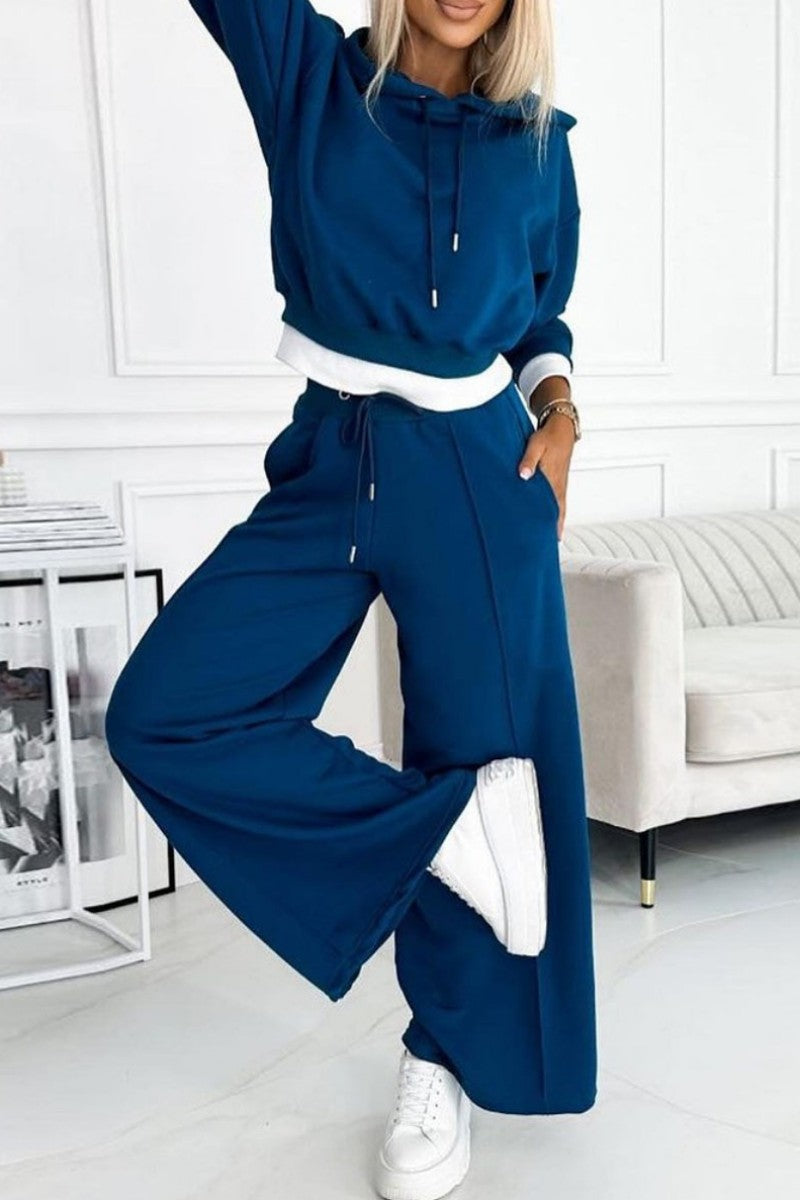 Gloria | Casual solid patchwork hooded collar long sleeve two piece