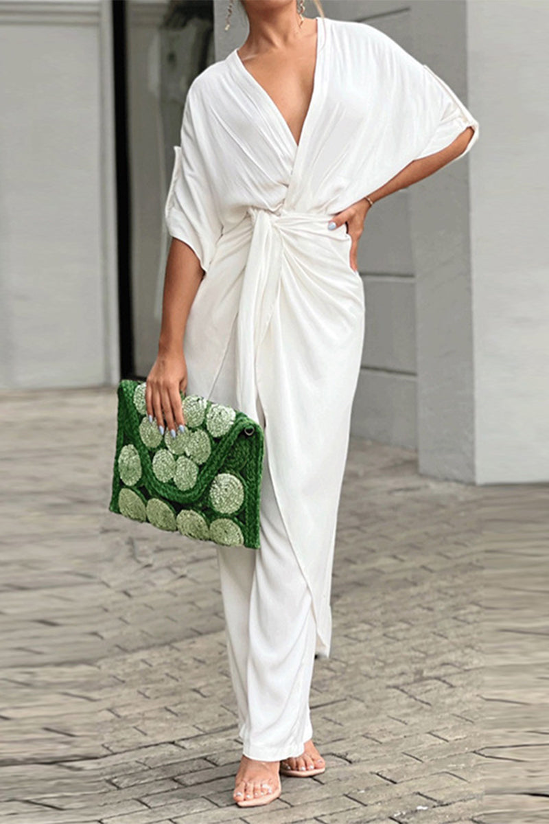 Johana | Casual solid color regular jumpsuits with frenulum and V-neck