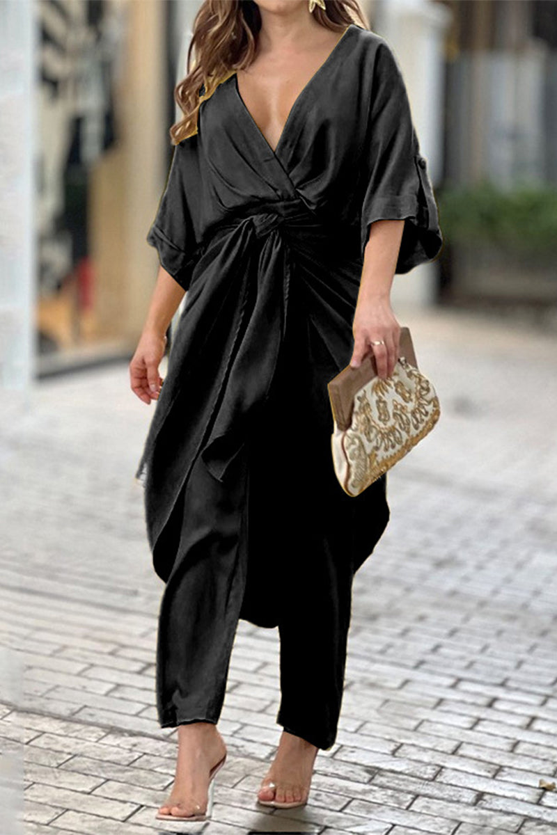 Johana | Casual solid color regular jumpsuits with frenulum and V-neck