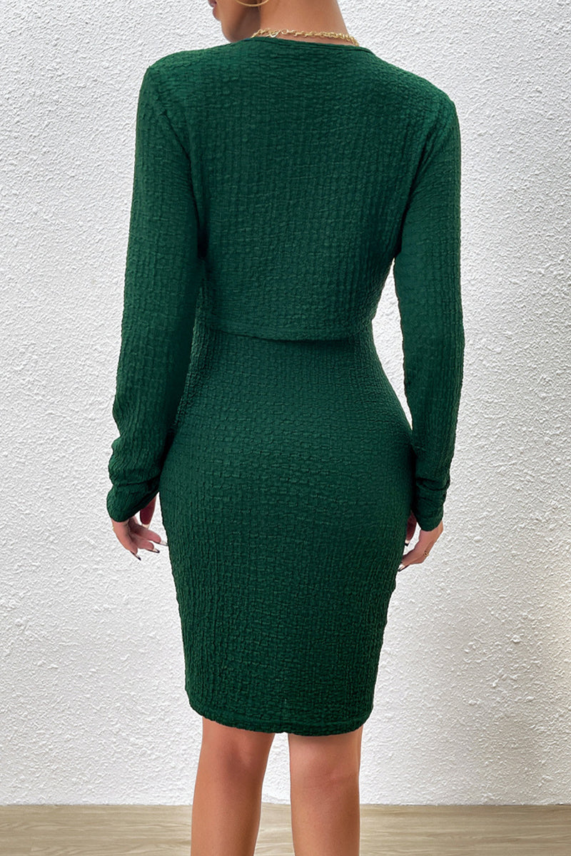 Juliana | Elegant solid buttons, O-neck, long sleeves, two piece