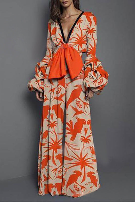 Leila | Elegant loose jumpsuits with floral frenulum and V-neck