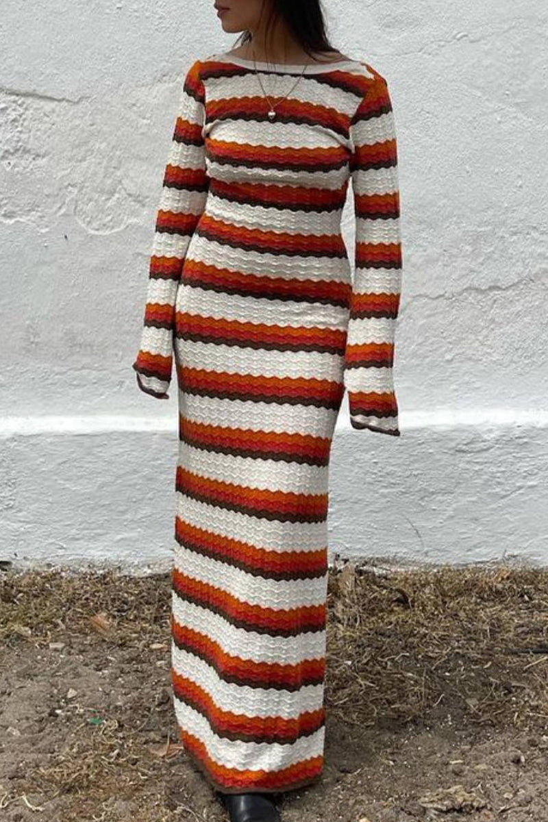Lucrecia | Casual Striped Long Sleeve O-Neck Contrast Vacation Dresses