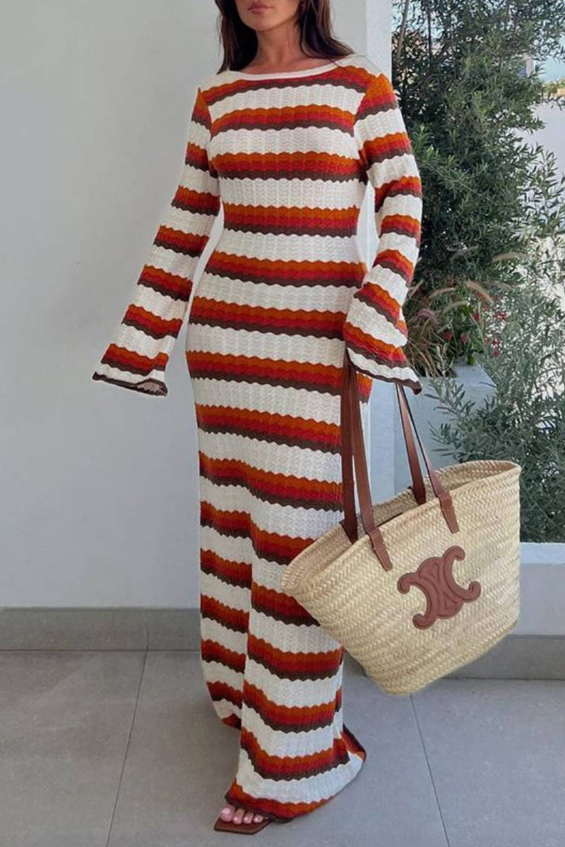 Lucrecia | Casual Striped Long Sleeve O-Neck Contrast Vacation Dresses
