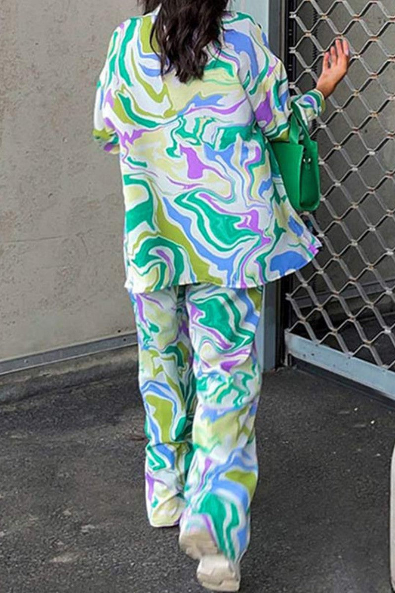 Trinidad | Casual printed cardigan with trousers, turn-down collar, long sleeves, two-piece