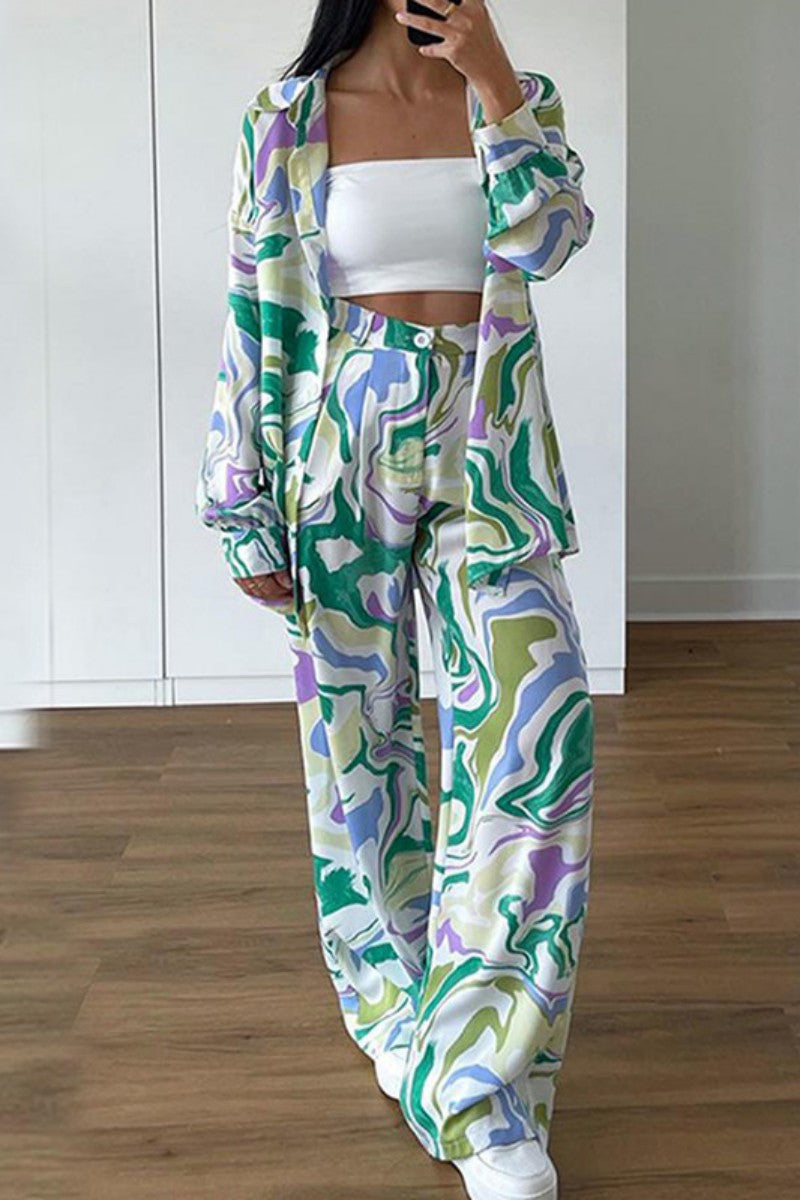 Trinidad | Casual printed cardigan with trousers, turn-down collar, long sleeves, two-piece