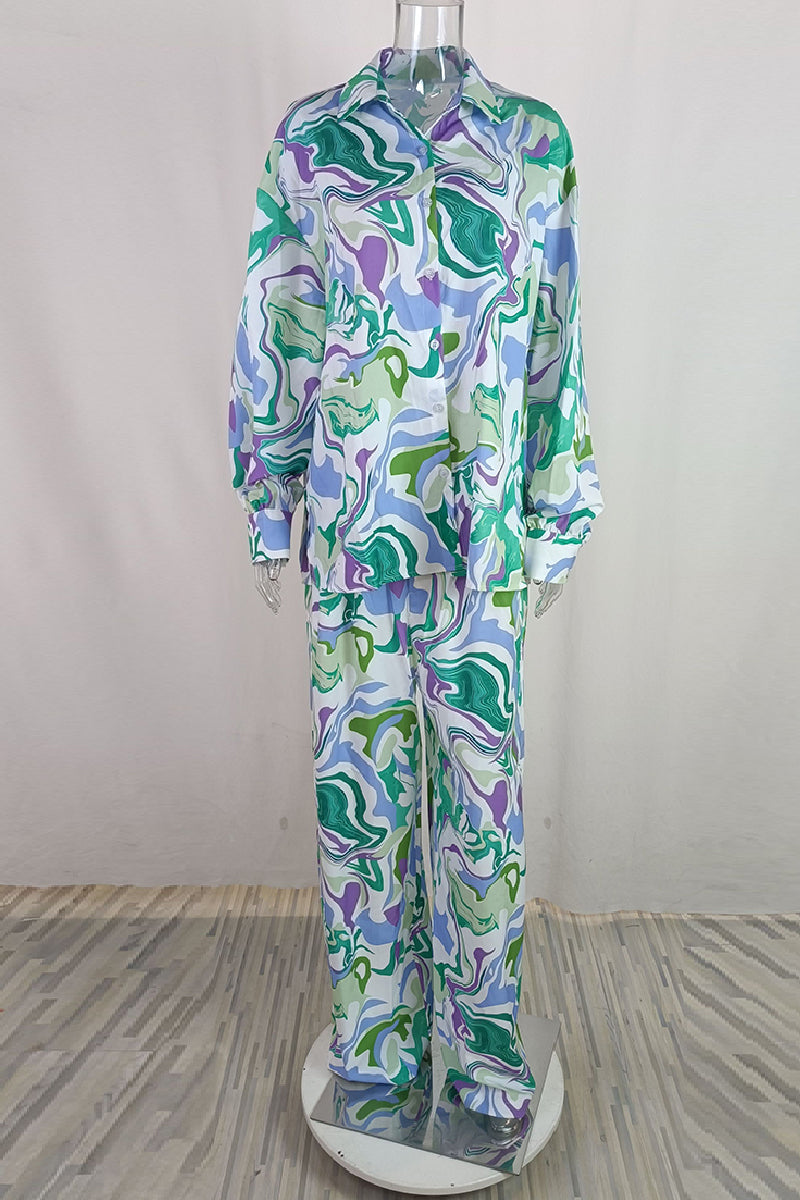 Trinidad | Casual printed cardigan with trousers, turn-down collar, long sleeves, two-piece