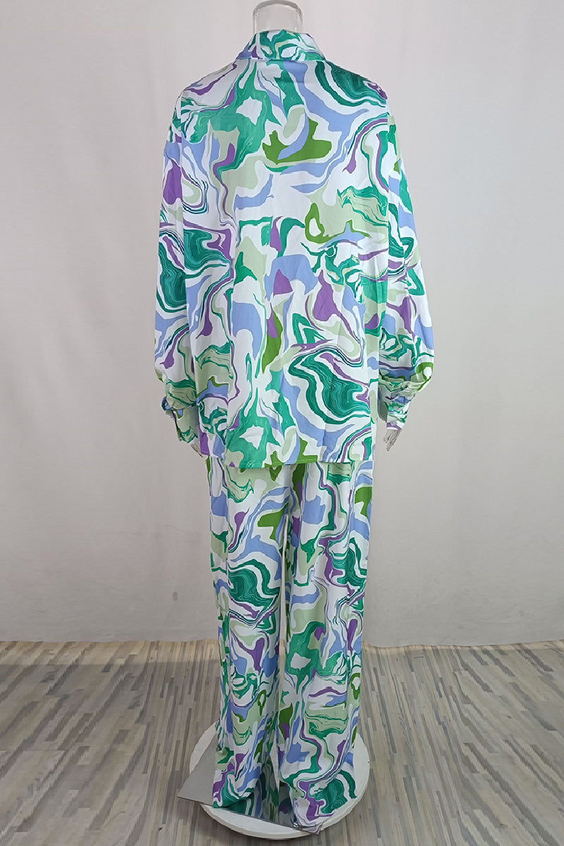 Trinidad | Casual printed cardigan with trousers, turn-down collar, long sleeves, two-piece