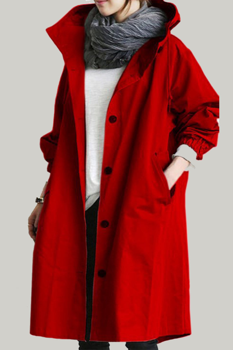 Marcia | British style, solid outerwear with pocket buttons and hooded collar