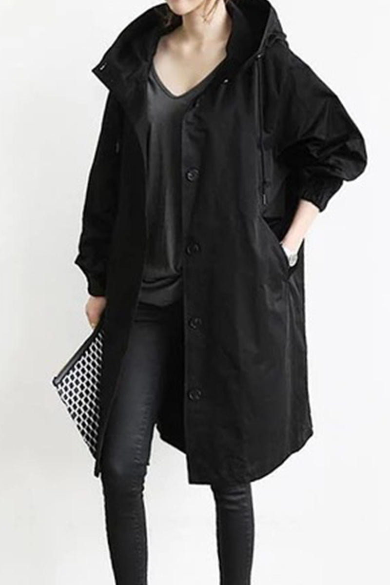 Marcia | British style, solid outerwear with pocket buttons and hooded collar