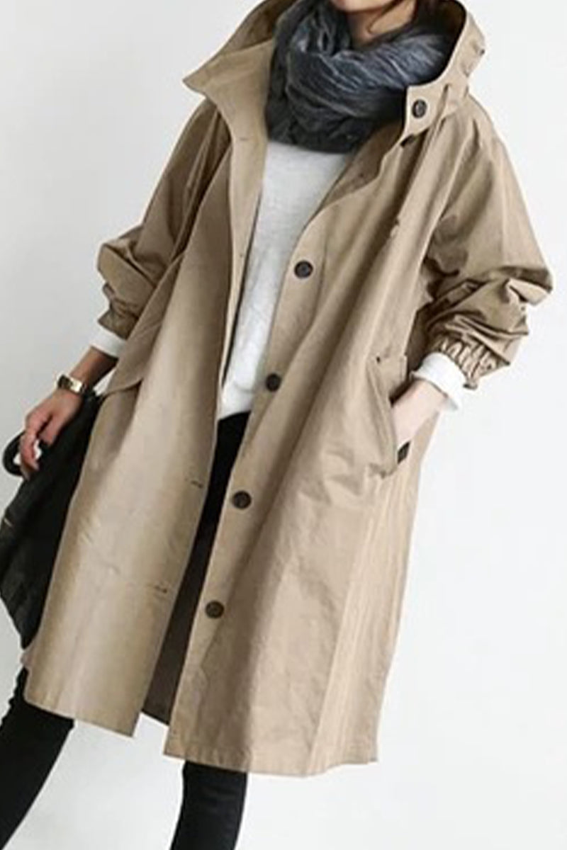 Marcia | British style, solid outerwear with pocket buttons and hooded collar