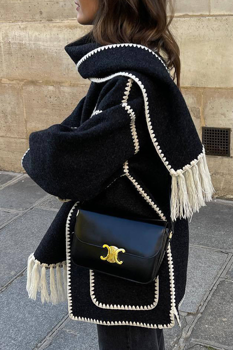 Maricarmen | Casual British style outerwear with solid color tassels and contrast shawl collar
