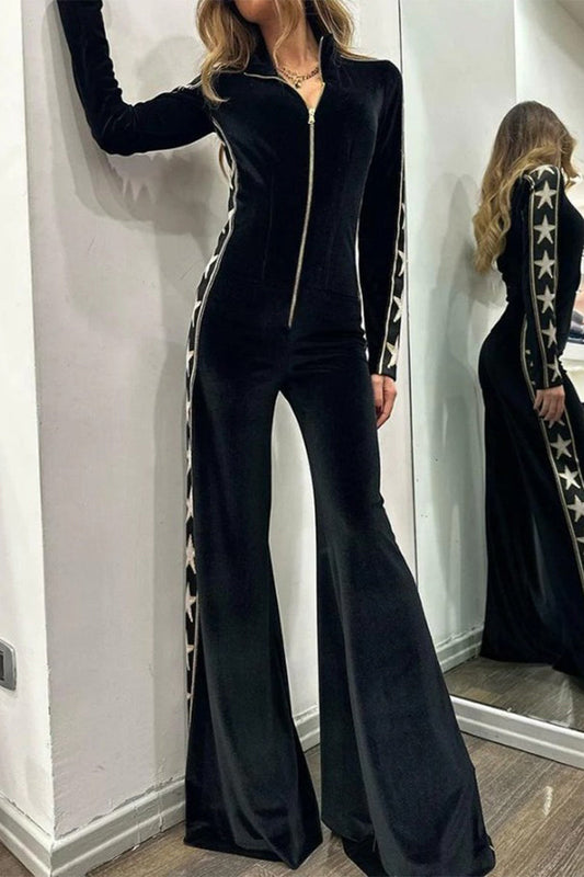 Marina | Casual Solid Patchwork Zipper Half Turtleneck Jumpsuits