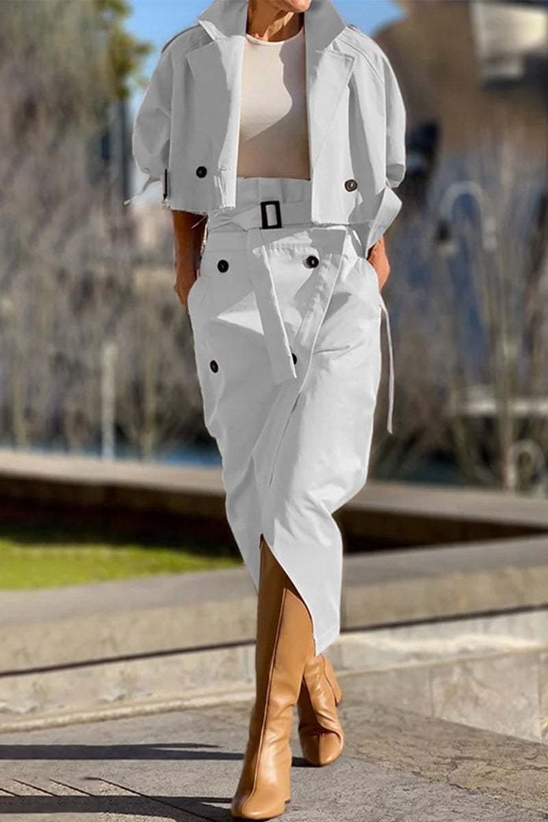 Penélope | British style, elegant, solid pocket buttons, turn-down collar, long sleeves, two piece