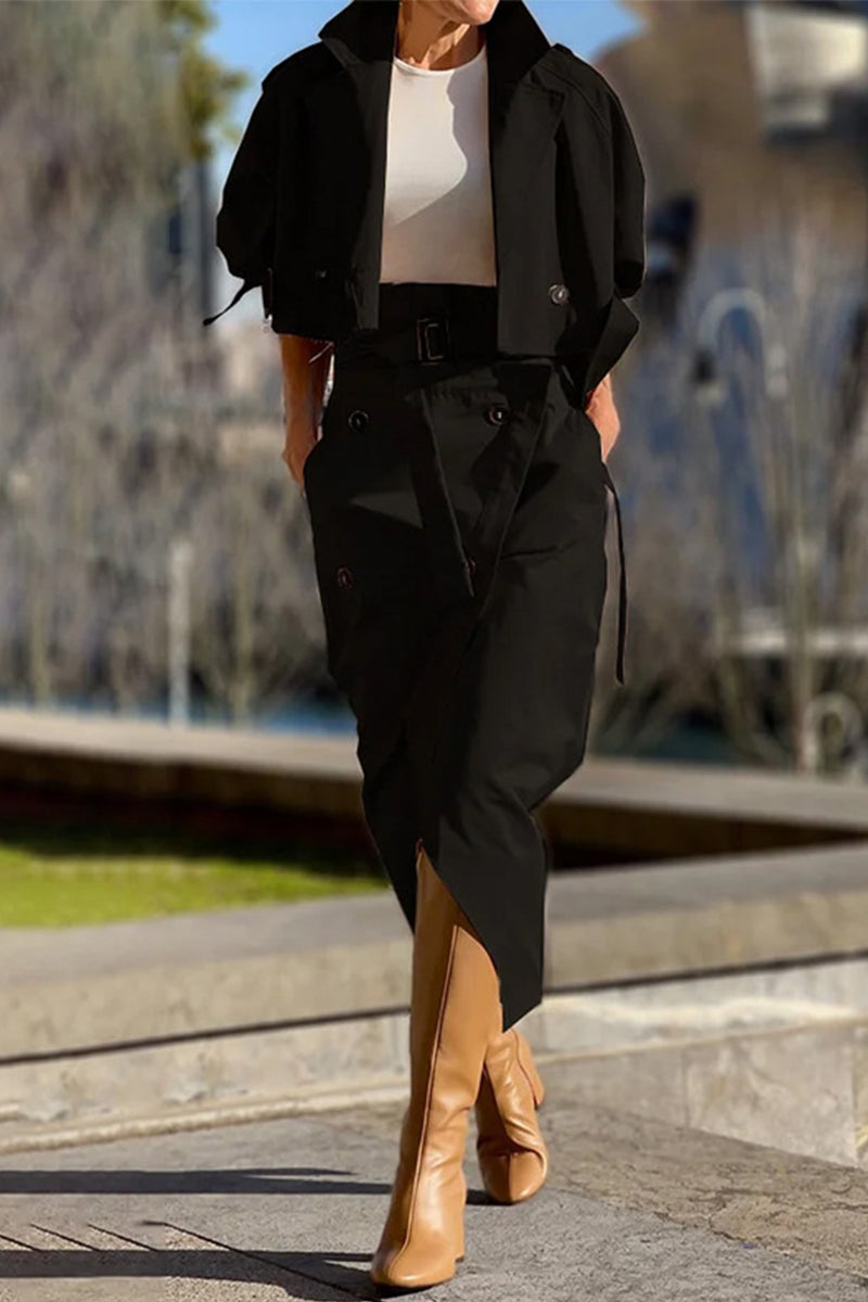 Penélope | British style, elegant, solid pocket buttons, turn-down collar, long sleeves, two piece