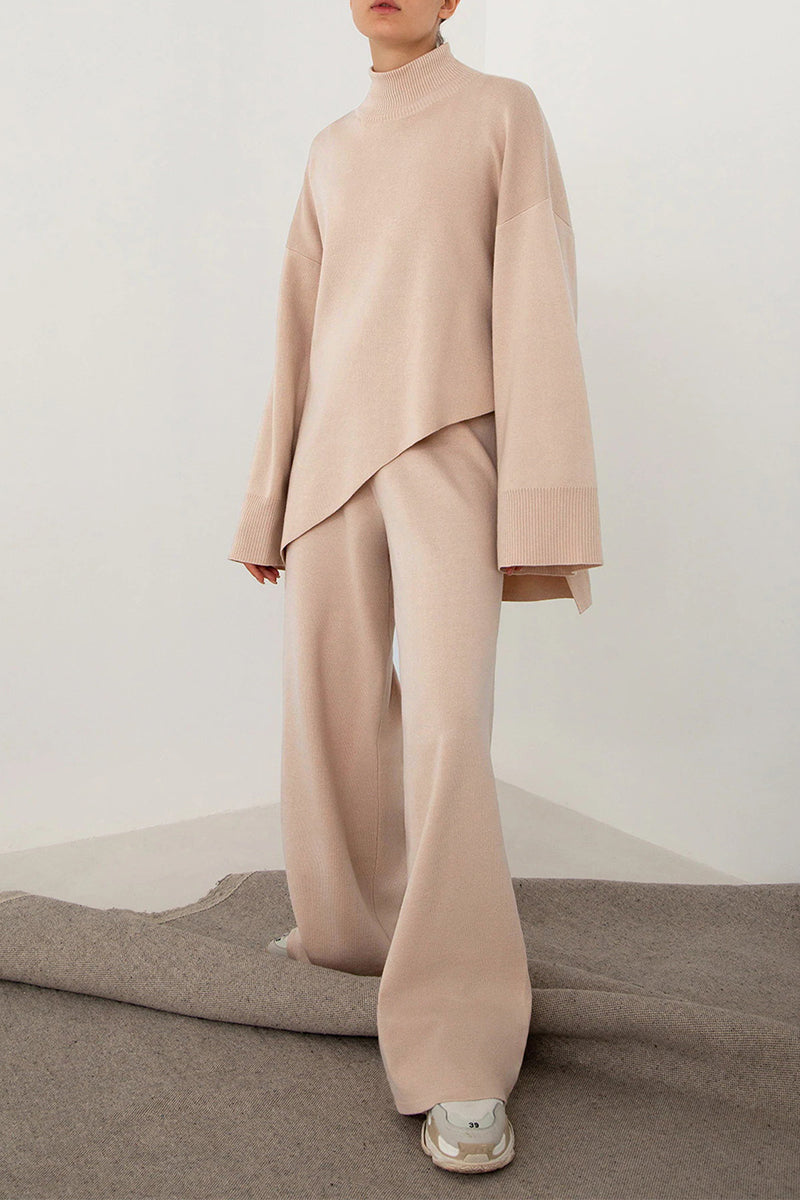 Norma | Casual solid color asymmetrical turtleneck two-piece suit with long sleeves