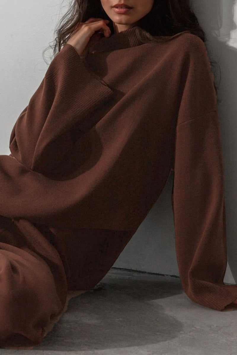 Norma | Casual solid color asymmetrical turtleneck two-piece suit with long sleeves