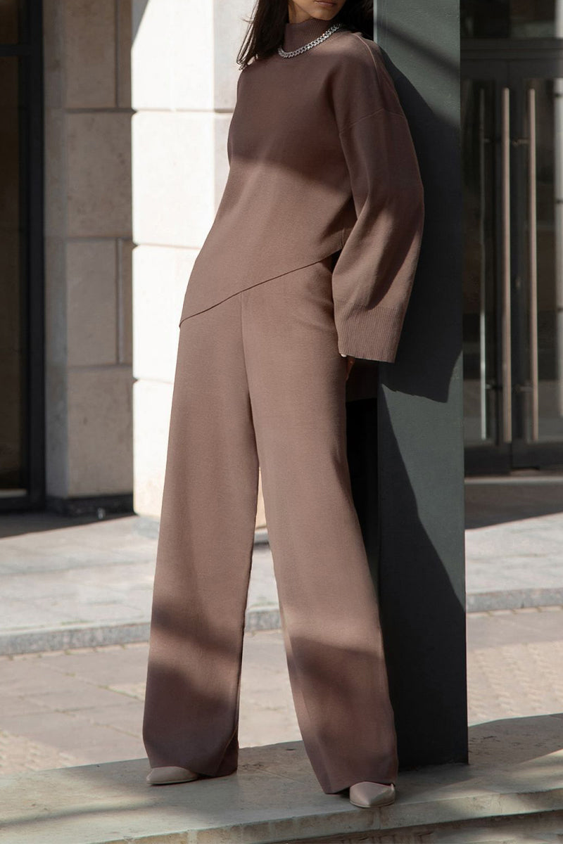 Norma | Casual solid color asymmetrical turtleneck two-piece suit with long sleeves