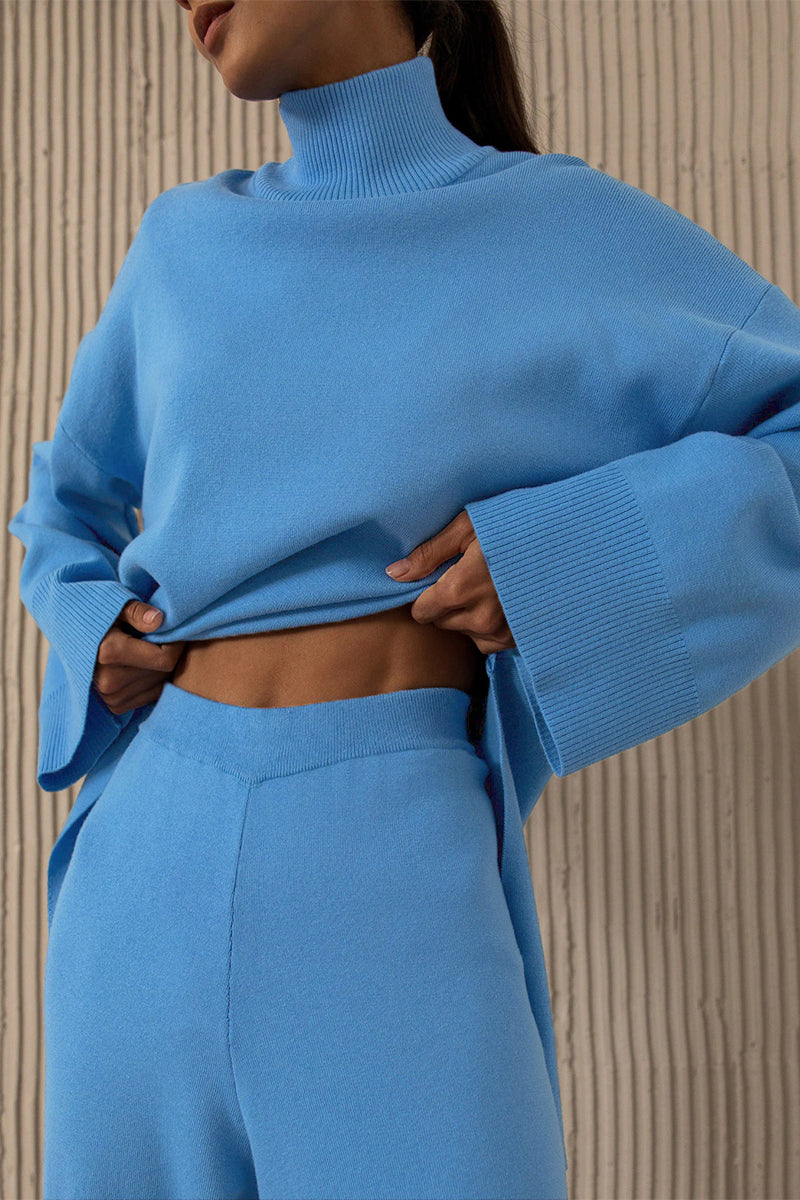 Norma | Casual solid color asymmetrical turtleneck two-piece suit with long sleeves