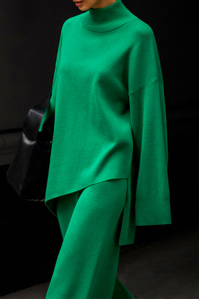 Norma | Casual solid color asymmetrical turtleneck two-piece suit with long sleeves