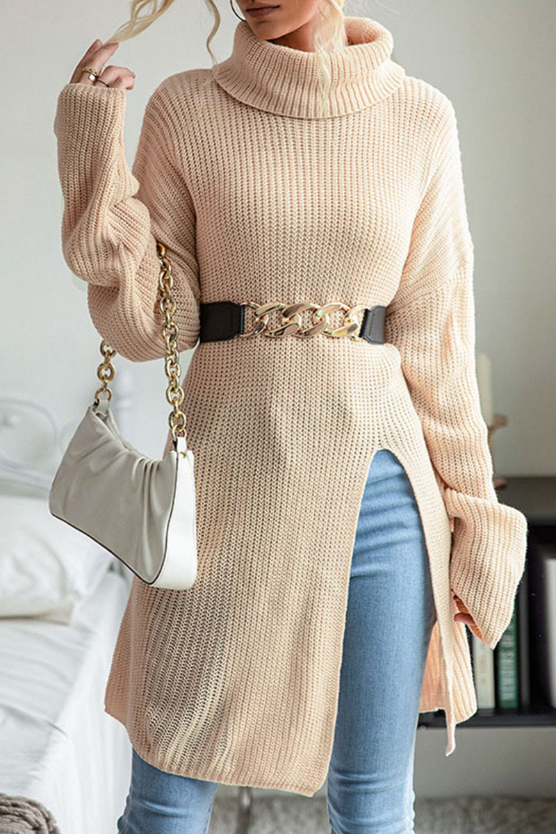 Nicol | Casual plain plain turtleneck tops with slit