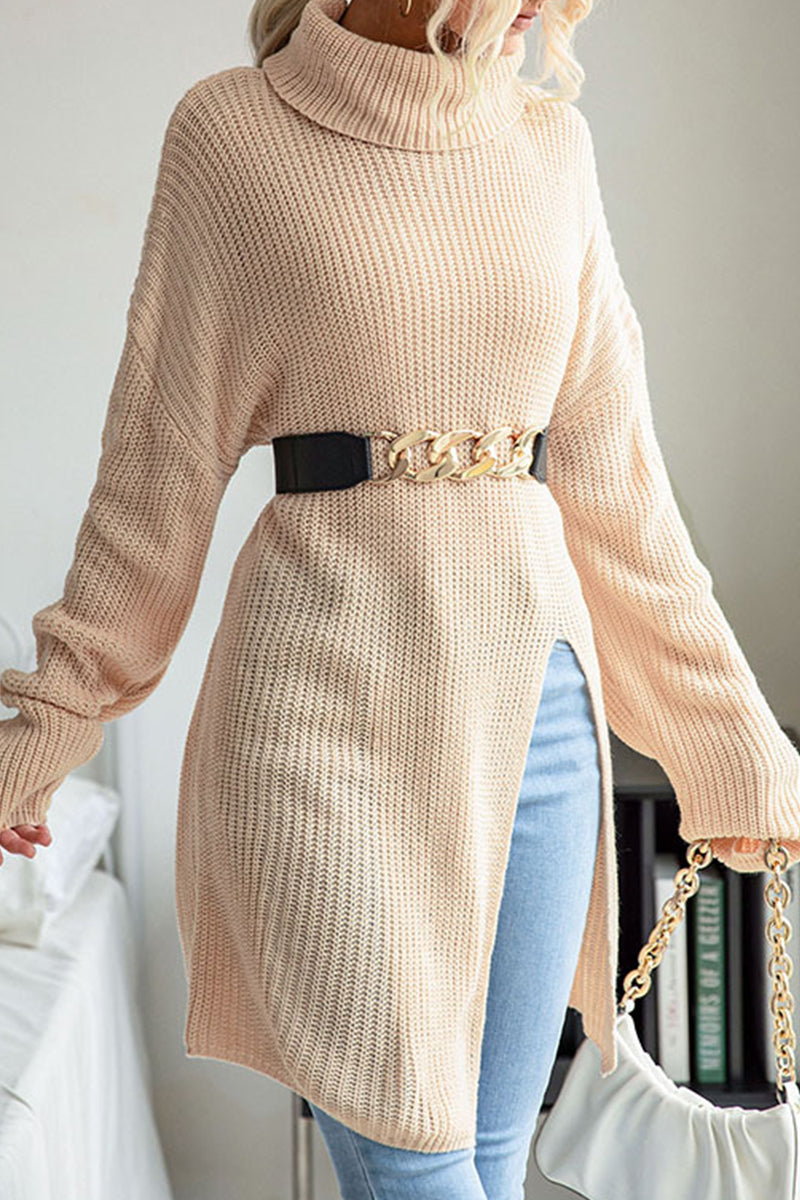 Nicol | Casual plain plain turtleneck tops with slit