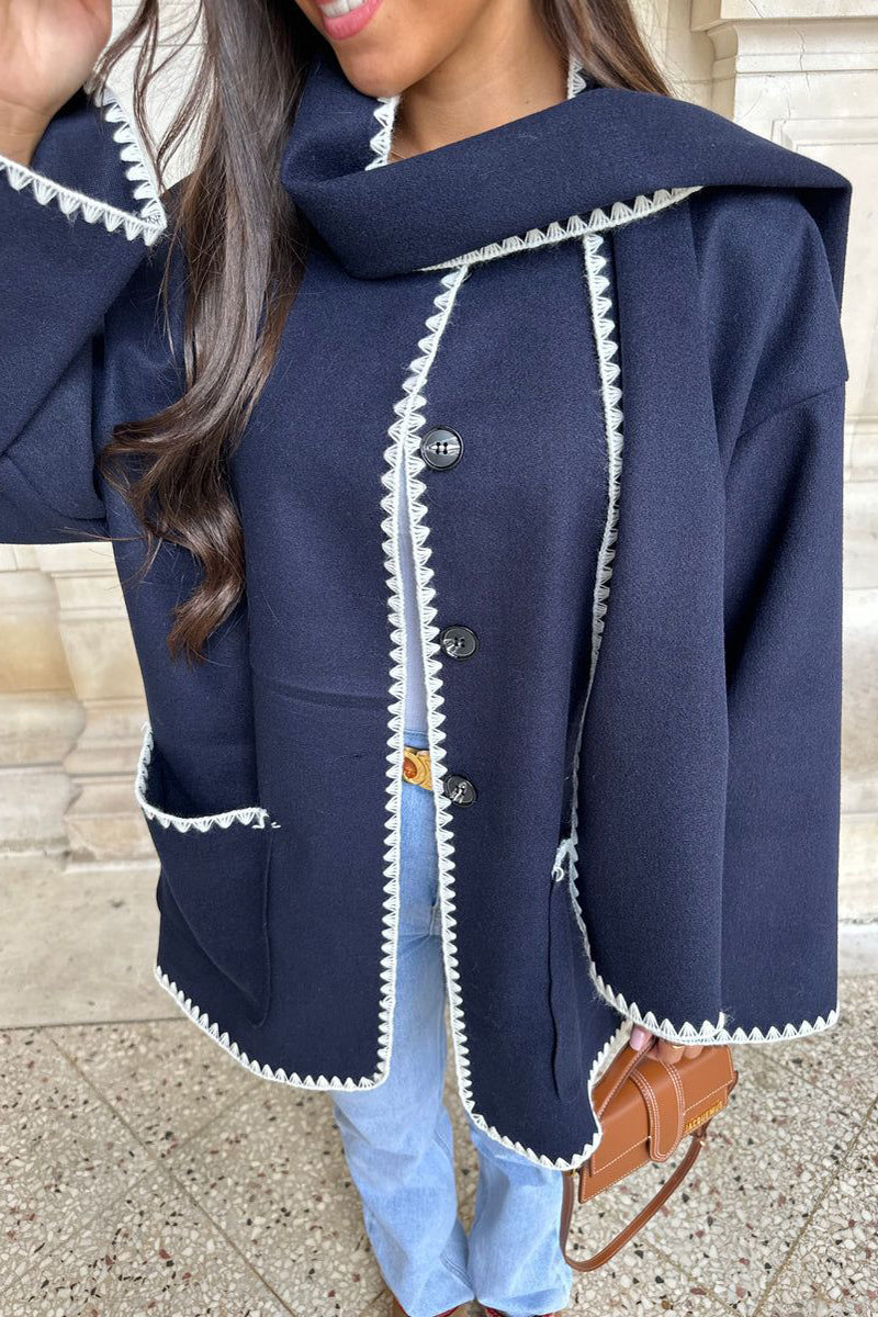 Olga | Casual British style outerwear with solid color buttons and contrast shawl collar